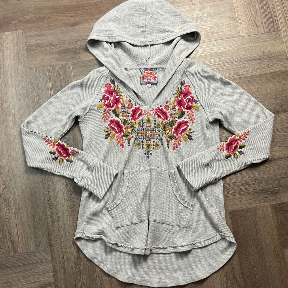 Johnny Was AxtonThermal Hoodie Womens Gray Small Embroidered Floral Boho Cottage